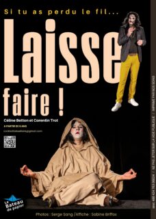Affiche de Laisse Faire ! présentant le titre et une personne assise en tailleur avec un capuchon et les mains en position de méditation